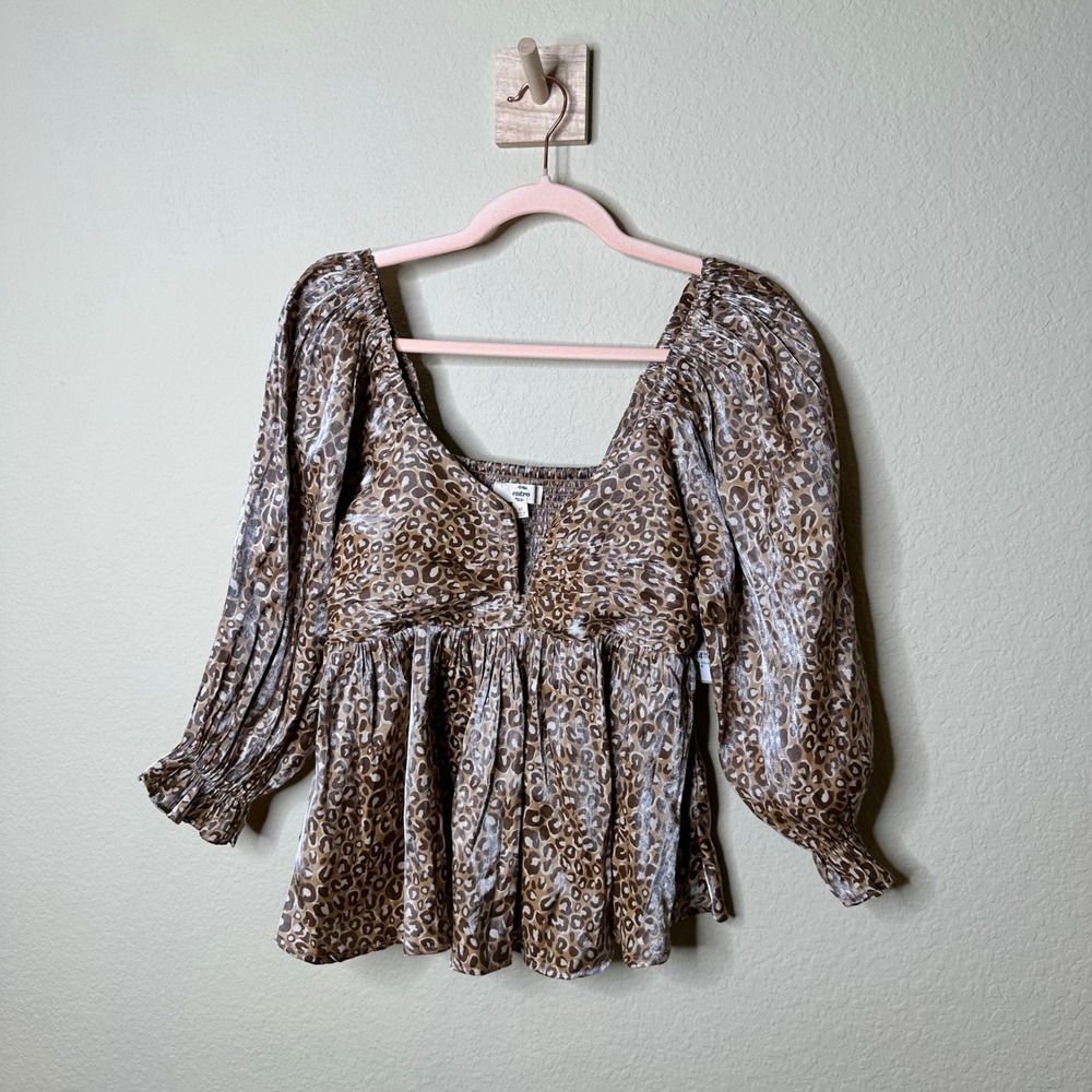 Entro Leopard Print Metallic Long Sleeve Peplum Blouse Brown Gold Medium NWT